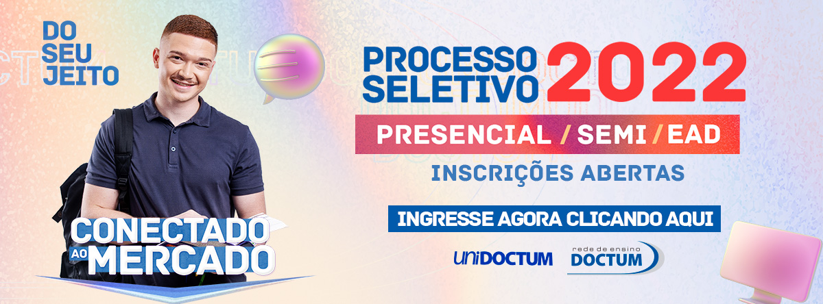 imagem de um rapaz sorrindo com uma mochila nas costas com o texto conectado ao mercado ao lado o texto processo seletivo 2022 presencial/semi/ead; inscrições abertas ingresse agora clicando aqui